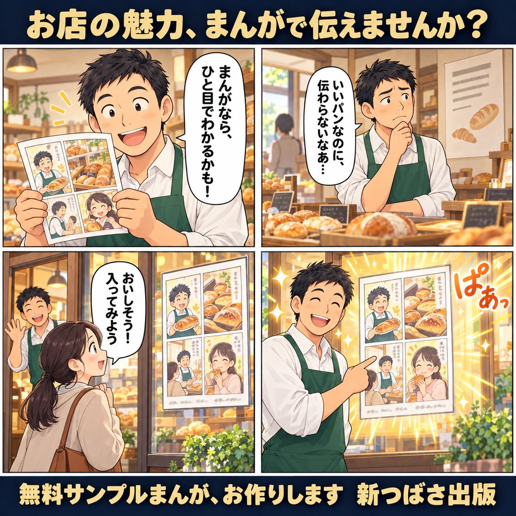 4コマ漫画の制作例「お店の魅力、まんがで伝えませんか？」パン屋の店主が、漫画のポスターでお客さんを迎える