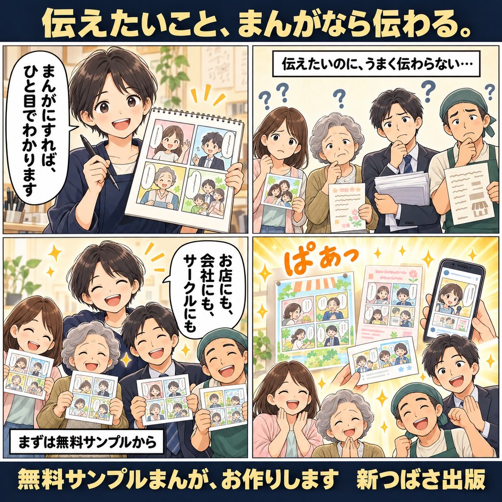 4コマ漫画「伝えたいこと、まんがなら伝わる。」さまざまな年代の人が、漫画で想いを伝えられるようになる