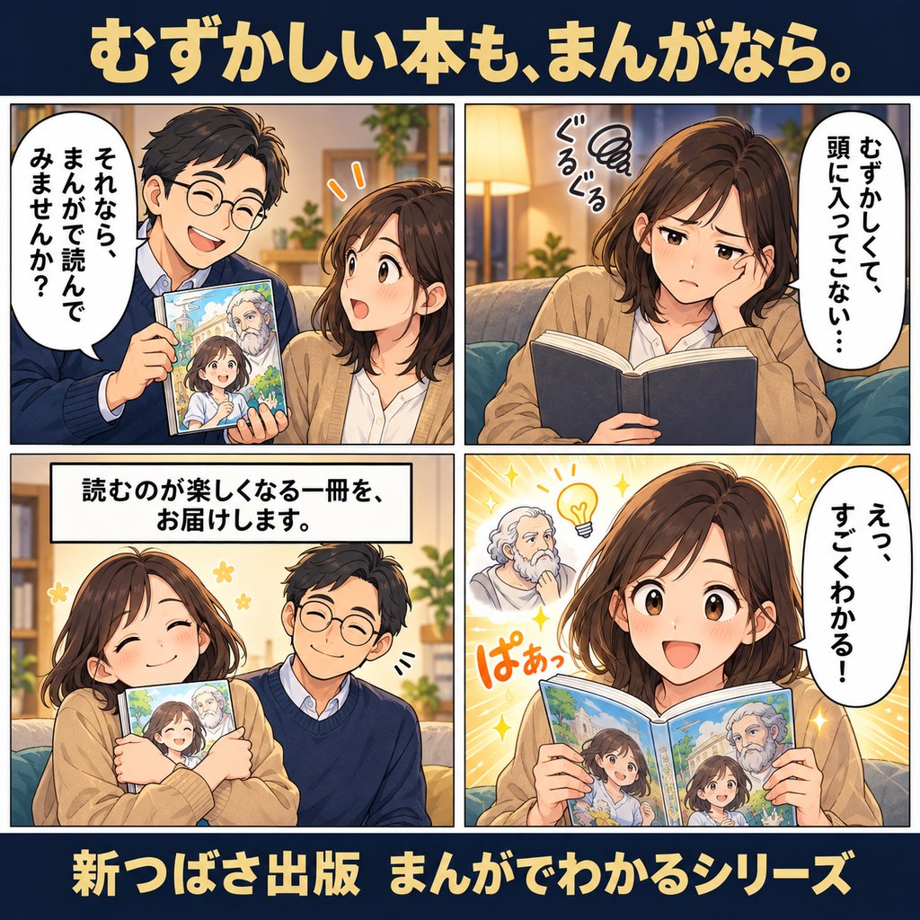 4コマ漫画「むずかしい本も、まんがなら。」本が難しくて悩む女性が、まんがで読んで「すごくわかる」と笑顔になる